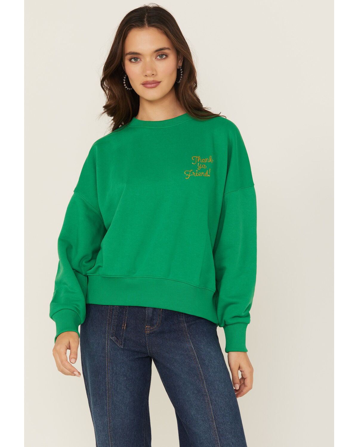 Image #1 - Wrangler X Lainey Wilson Women's Thank Ya Friend Sweatshirt, Green, hi-res