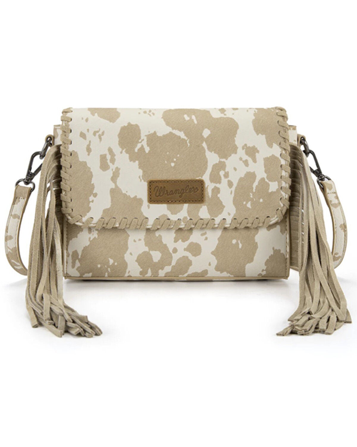 Image #1 - Wrangler Women's Cow Print Fringe Crossbody Bag, Tan, hi-res