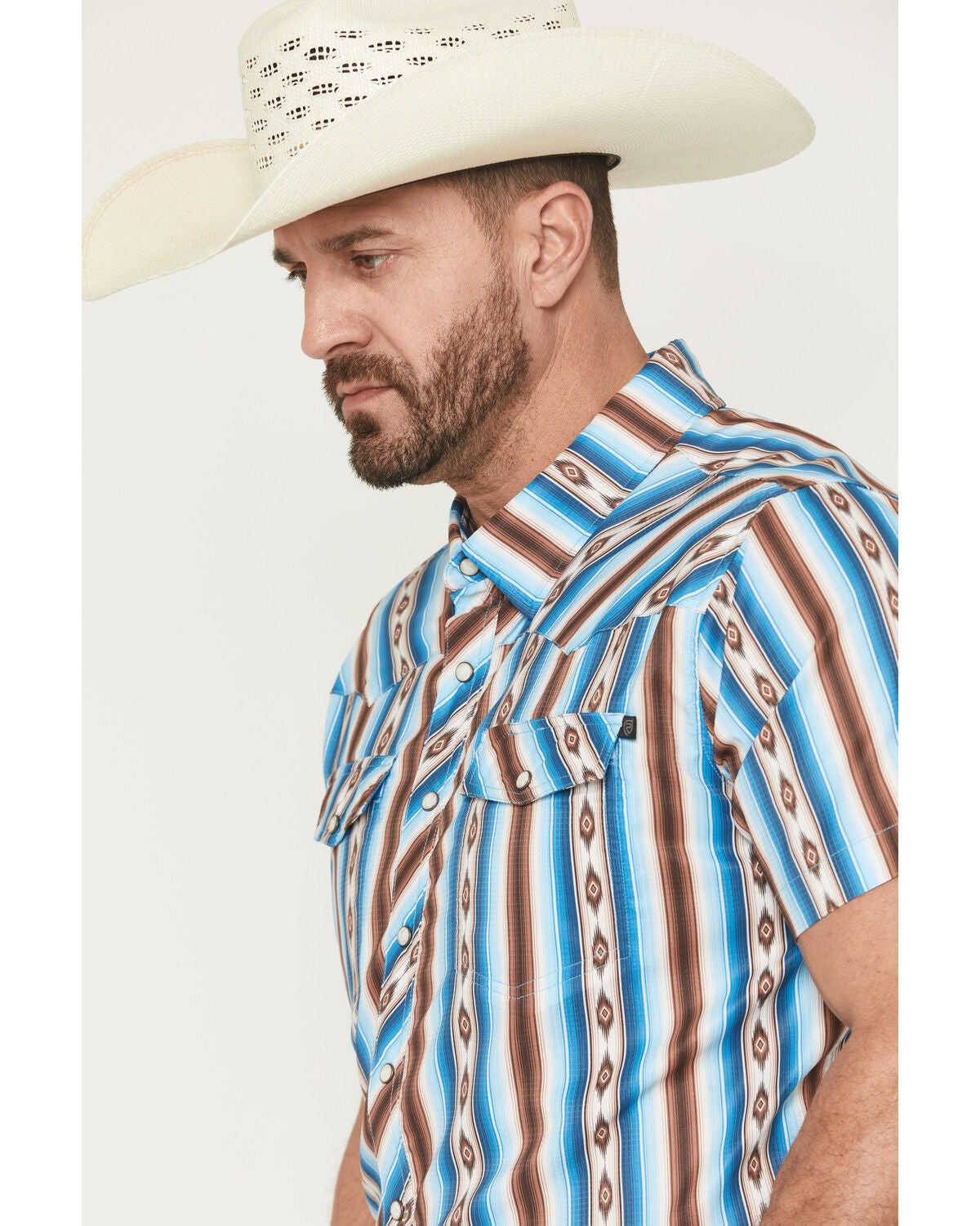 Image #2 - Rock & Roll Denim Men's Tek Southwestern Striped Short Sleeve Snap Western Shirt, Turquoise, hi-res