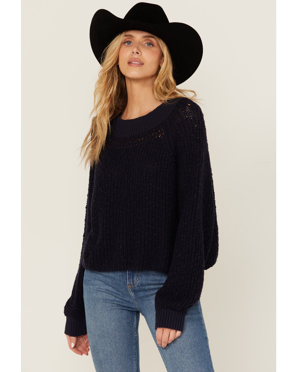 Cleo + Wolf Women's Celine Open Weave Cropped Sweater, Navy, hi-res