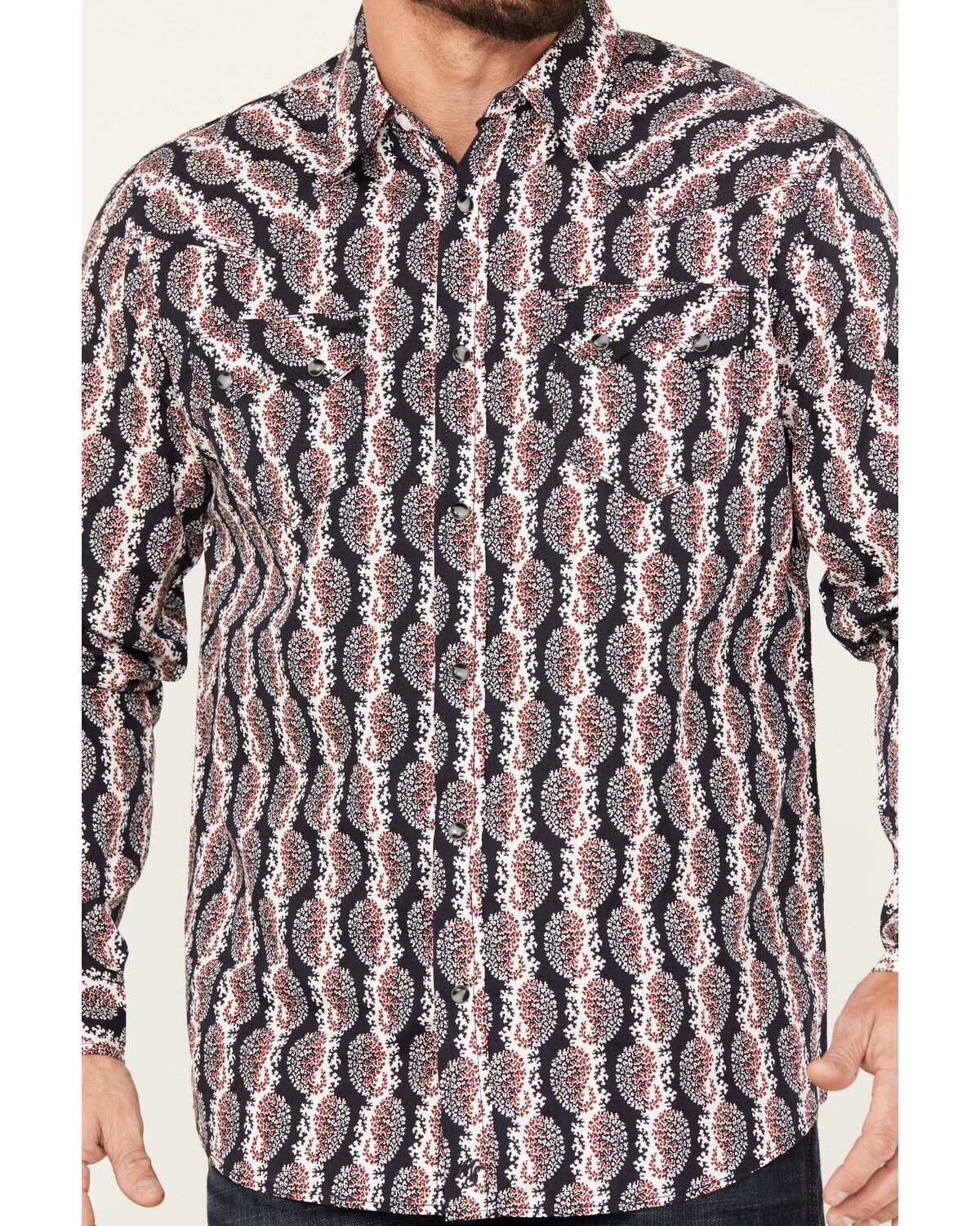 Image #3 - Moonshine Spirit Men's Paisley Print Long Sleeve Western Snap Shirt, Navy, hi-res