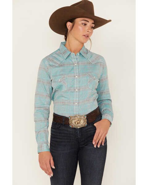 Image #1 - Rough Stock by Panhandle Women's Long Sleeve Pearl Snap Western Shirt, Turquoise, hi-res