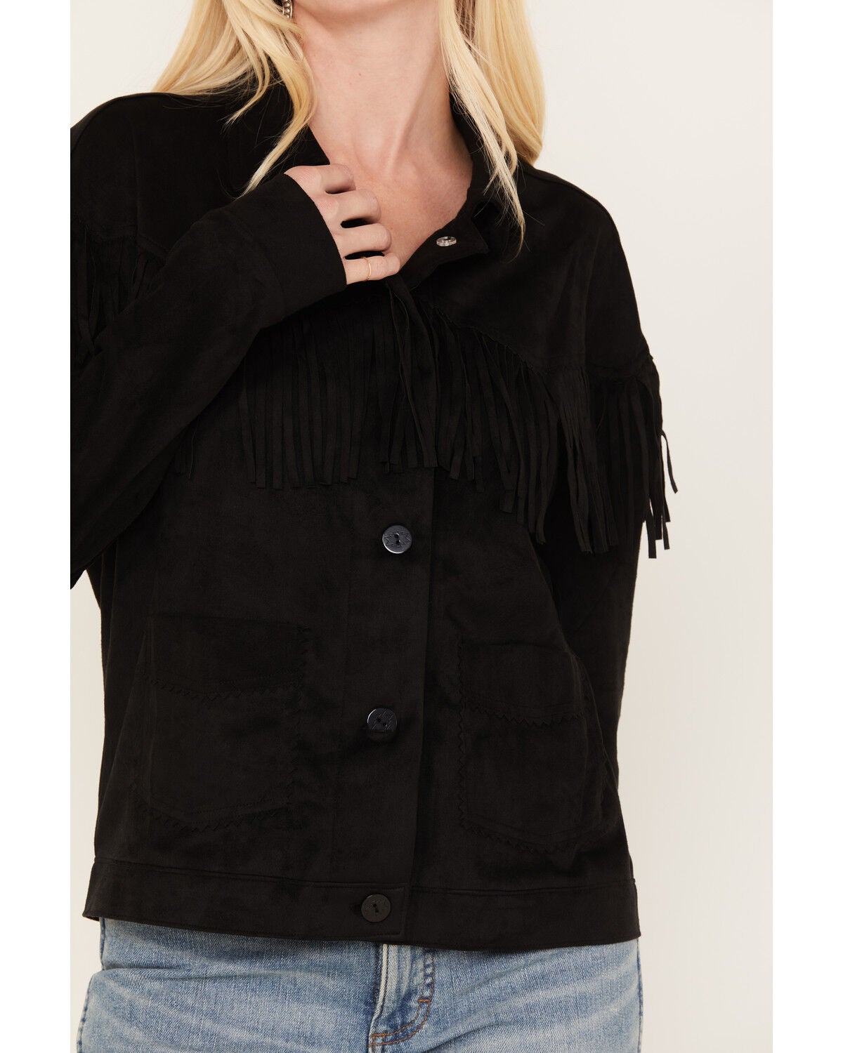 Image #3 - Cruel Girl Women's Faux Suede Fringe Shacket, Black, hi-res