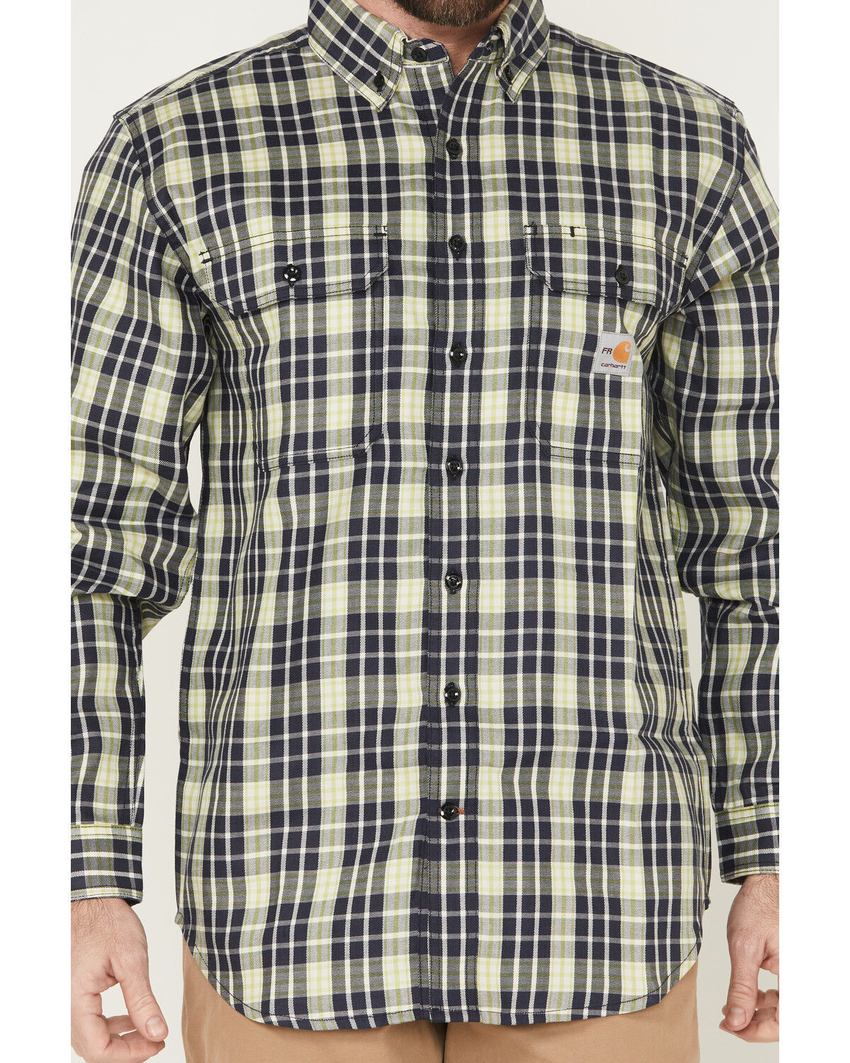Image #3 - Carhartt Men's FR Force Rugged Flex® Plaid Print Long Sleeve Button-Down Work Shirt, Navy, hi-res