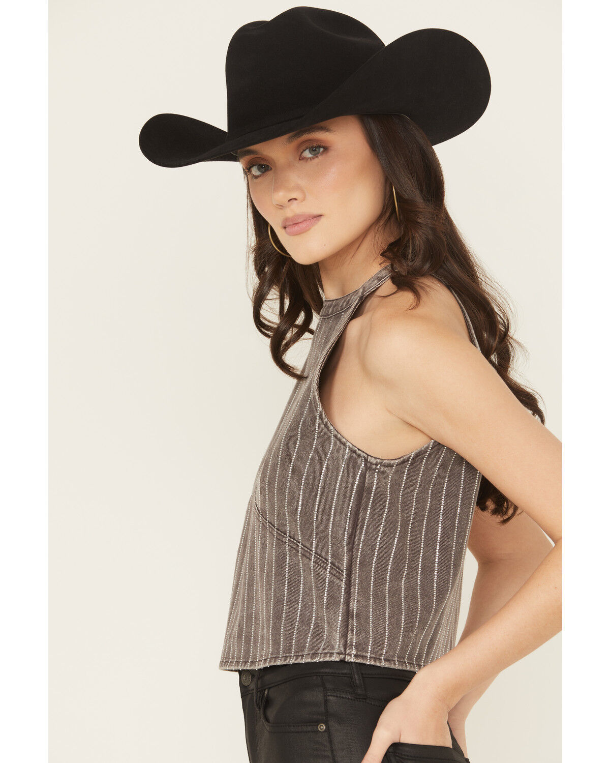 Image #2 - Blue B Women's Sleeveless Rhinestone Striped Halter Denim Top, Black, hi-res
