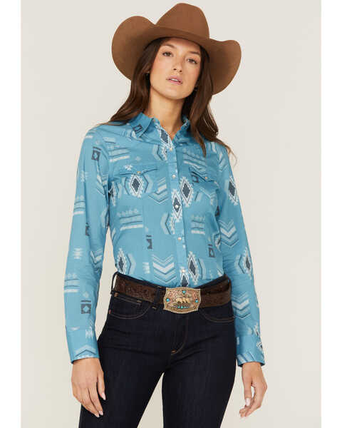 Image #1 - Roper Women's Southwestern Print Long Sleeve Western Pearl Snap Shirt, Blue, hi-res