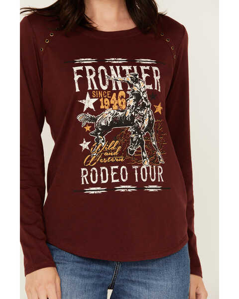 Image #3 - Rock & Roll Denim Women's Frontier Rodeo Long Sleeve Graphic Tee, Burgundy, hi-res