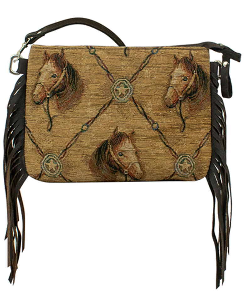 American West Women's Horse Tapestry Fringe Crossbody Bag, Tan, hi-res
