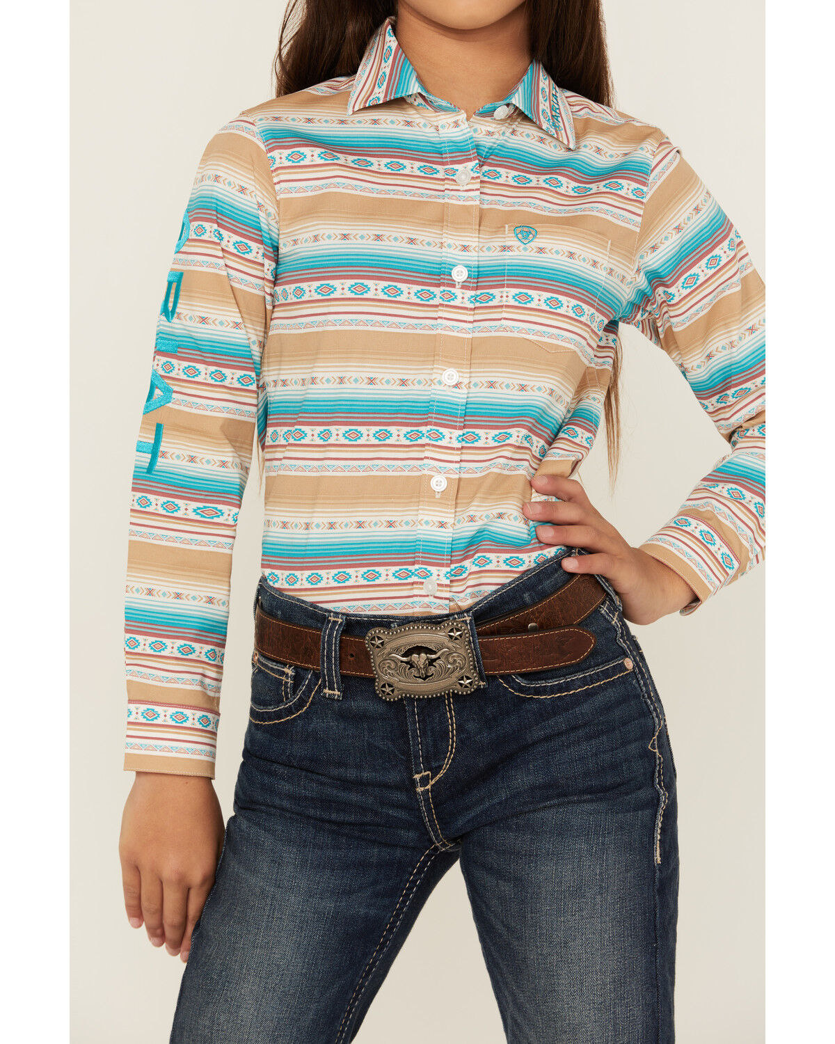 Image #3 - Ariat Girls' Striped Southwestern Print Long Sleeve Button-Down Western Shirt, Beige, hi-res