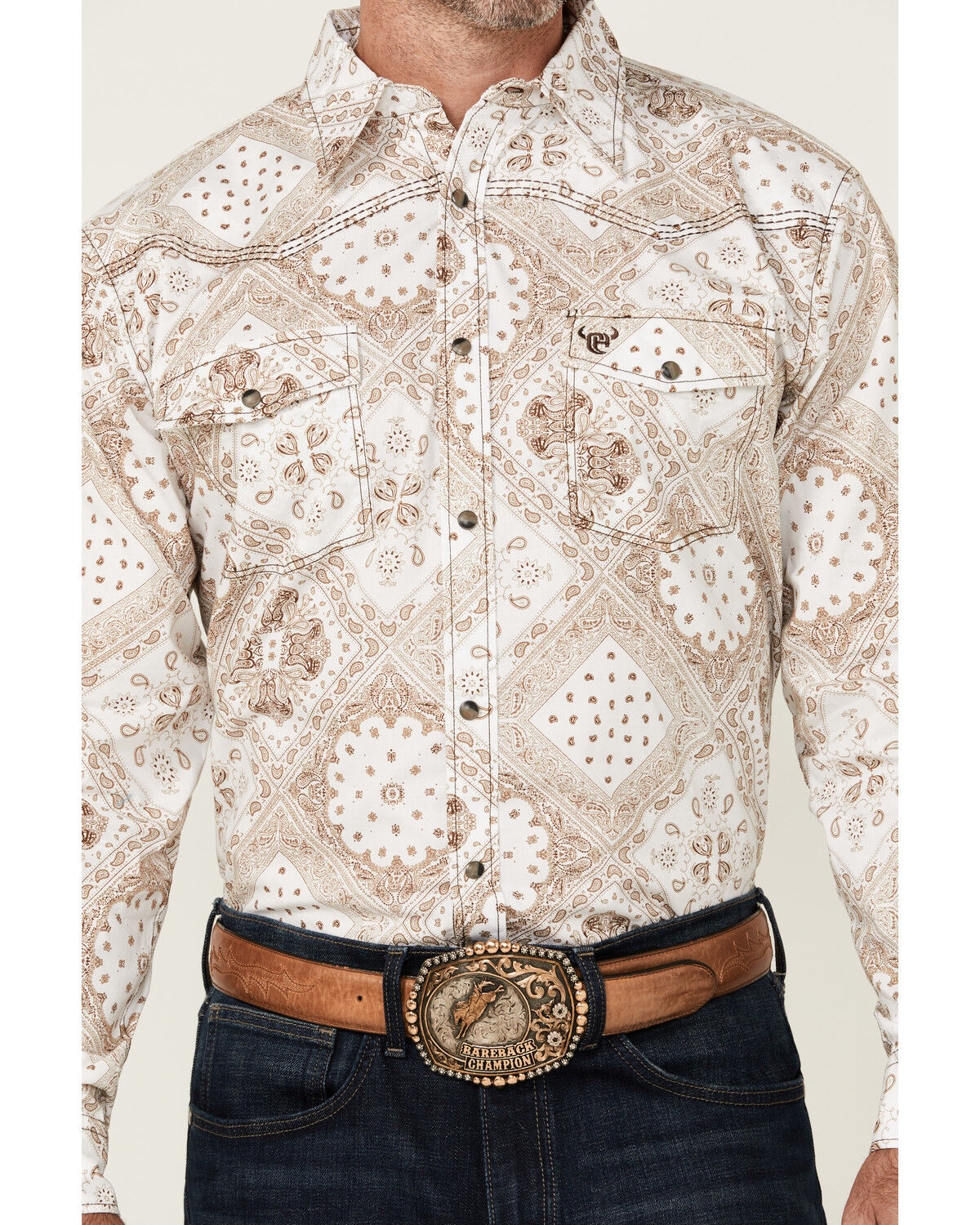 Image #3 - Cowboy Hardware Men's Bandana Print Long Sleeve Snap Western Shirt, Tan, hi-res