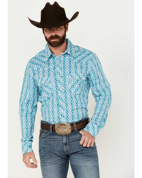 Rock & Roll Denim Men's Southwestern Print Long Sleeve Pearl Snap Stretch Western Shirt, Turquoise, hi-res
