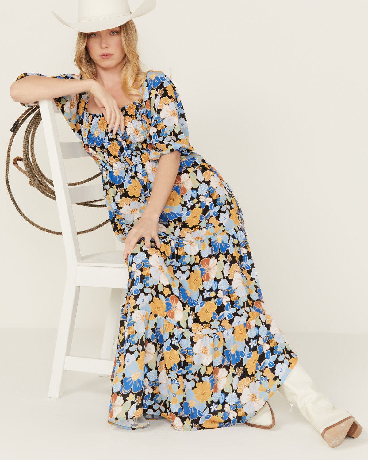 Wild Moss Women's Floral Print Midi Dress, Black, hi-res