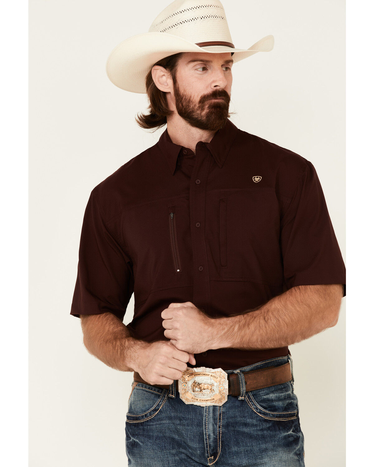 Image #1 - Ariat Men's Solid Maroon TEK Short Sleeve Button-Down Western Shirt, Burgundy, hi-res
