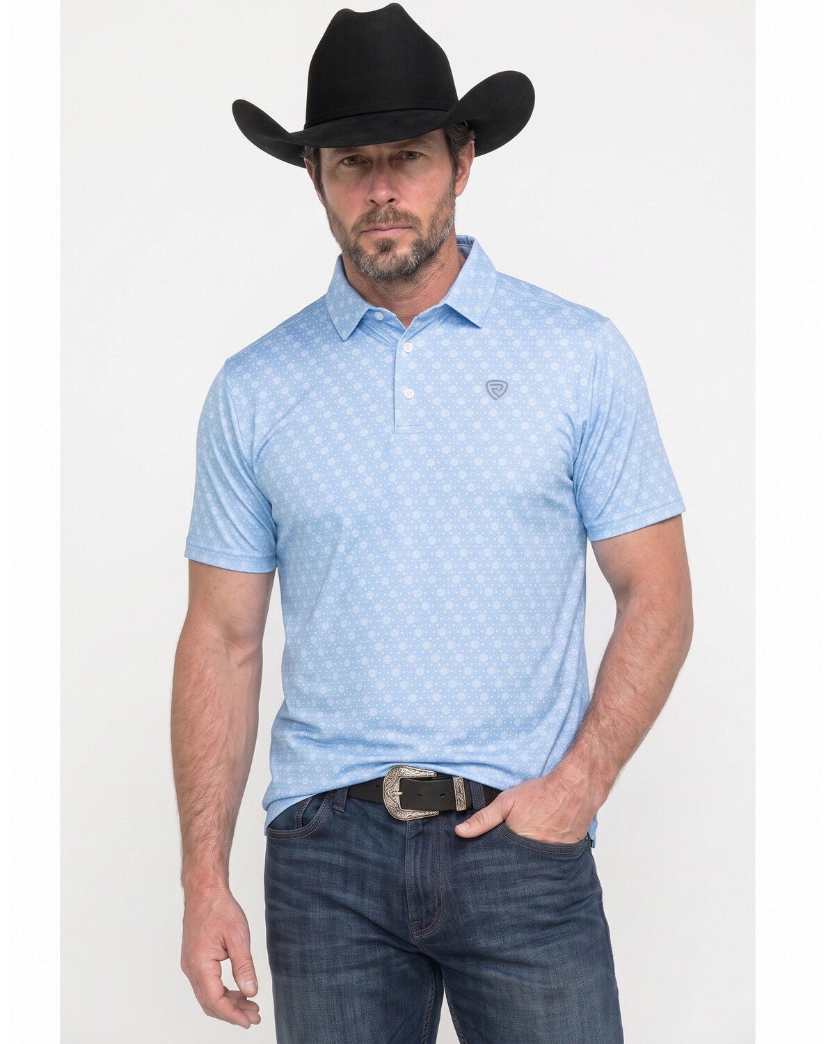 Rock & Roll Denim Men's Geo Print Short Sleeve Button-Down Stretch Polo, Blue, hi-res