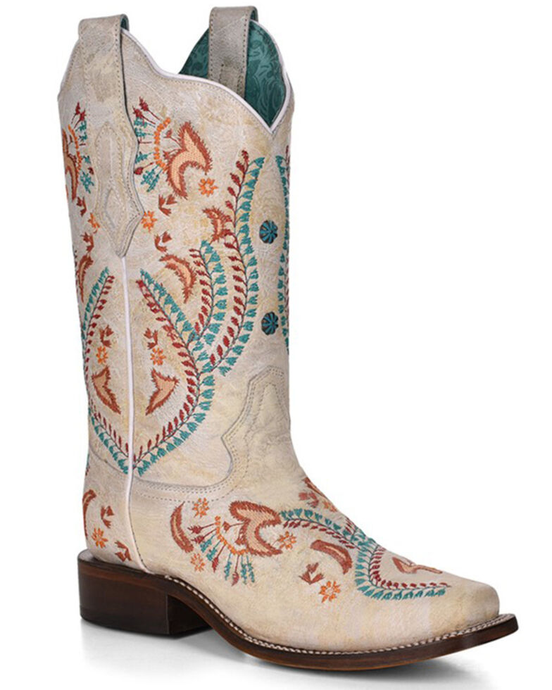Corral Women's Turquoise Embroidery With Studs Western Boots - Square Toe, White, hi-res