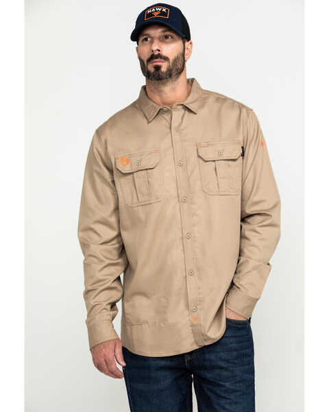 Image #1 - Hawx Men's FR Long Sleeve Woven Work Shirt , Beige/khaki, hi-res