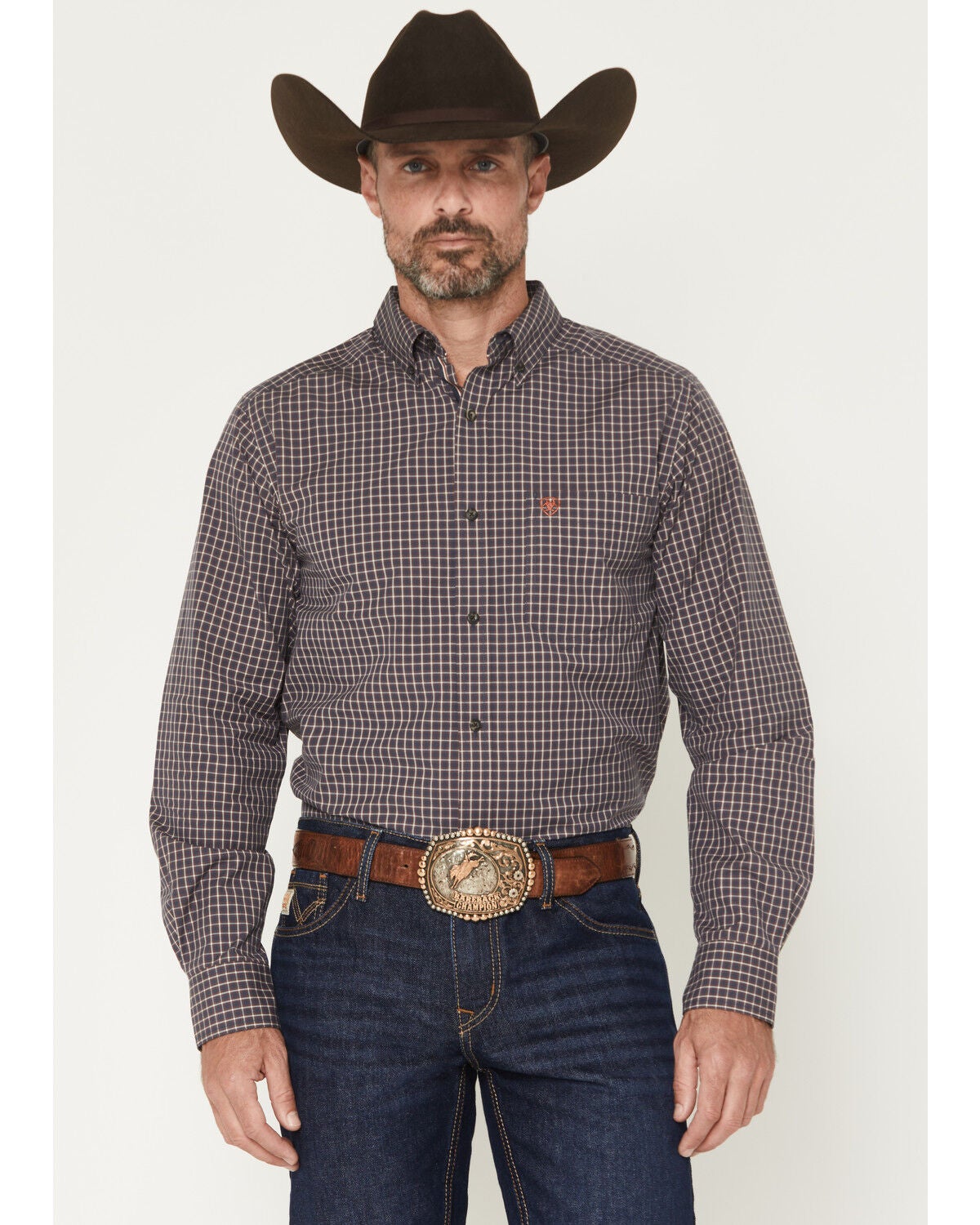 Ariat Men's Pro Series Wheaton Plaid Print FItted Long Sleeve Button-Down Western Shirt, Navy, hi-res