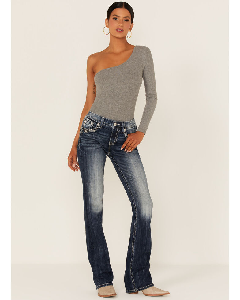 Miss Me Women's Snowflake Bordered Burst Dark Wash Bootcut Denim Jeans, Blue, hi-res