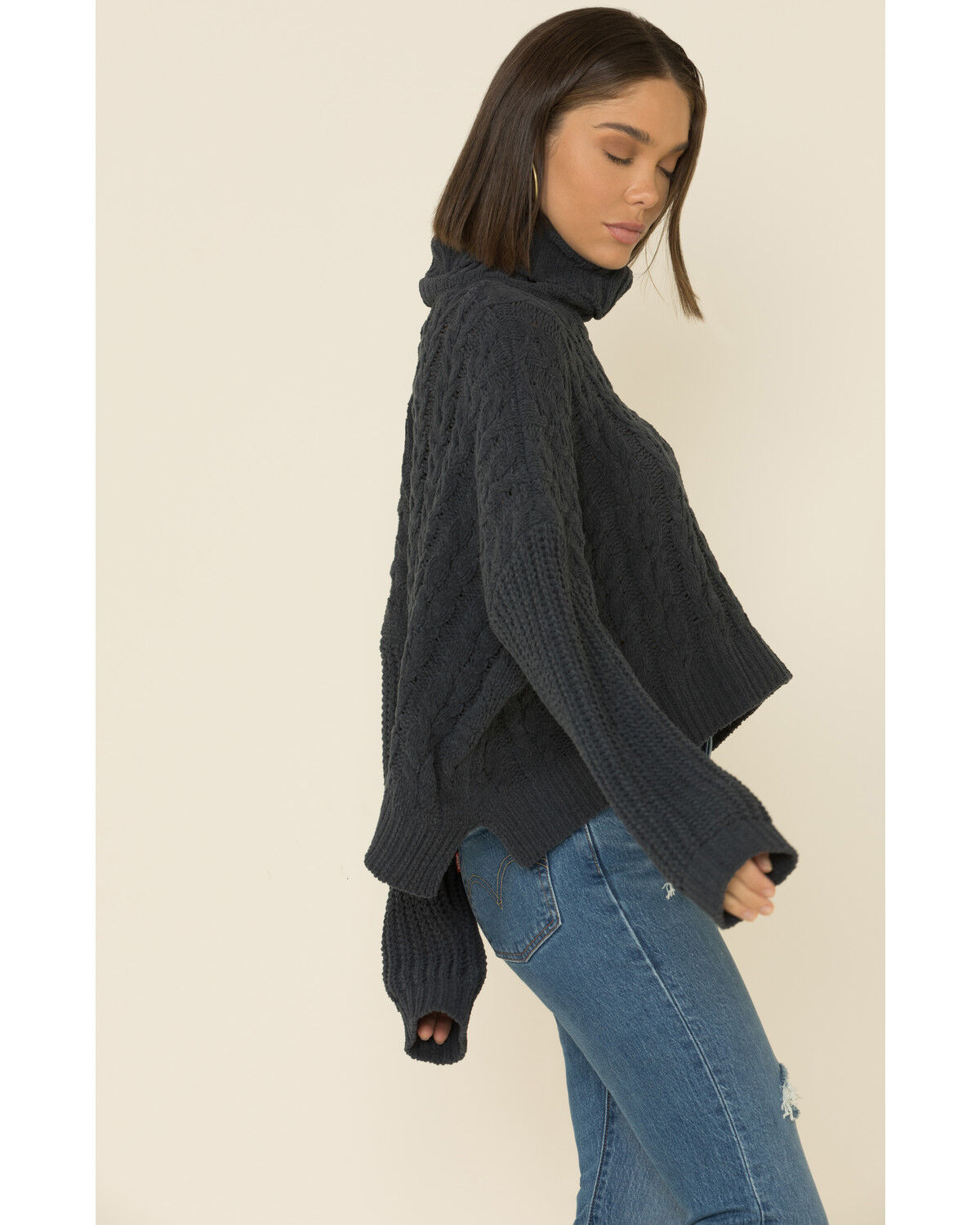 Image #3 - POL Women's High Low Cable Knit Turtleneck Sweater , , hi-res