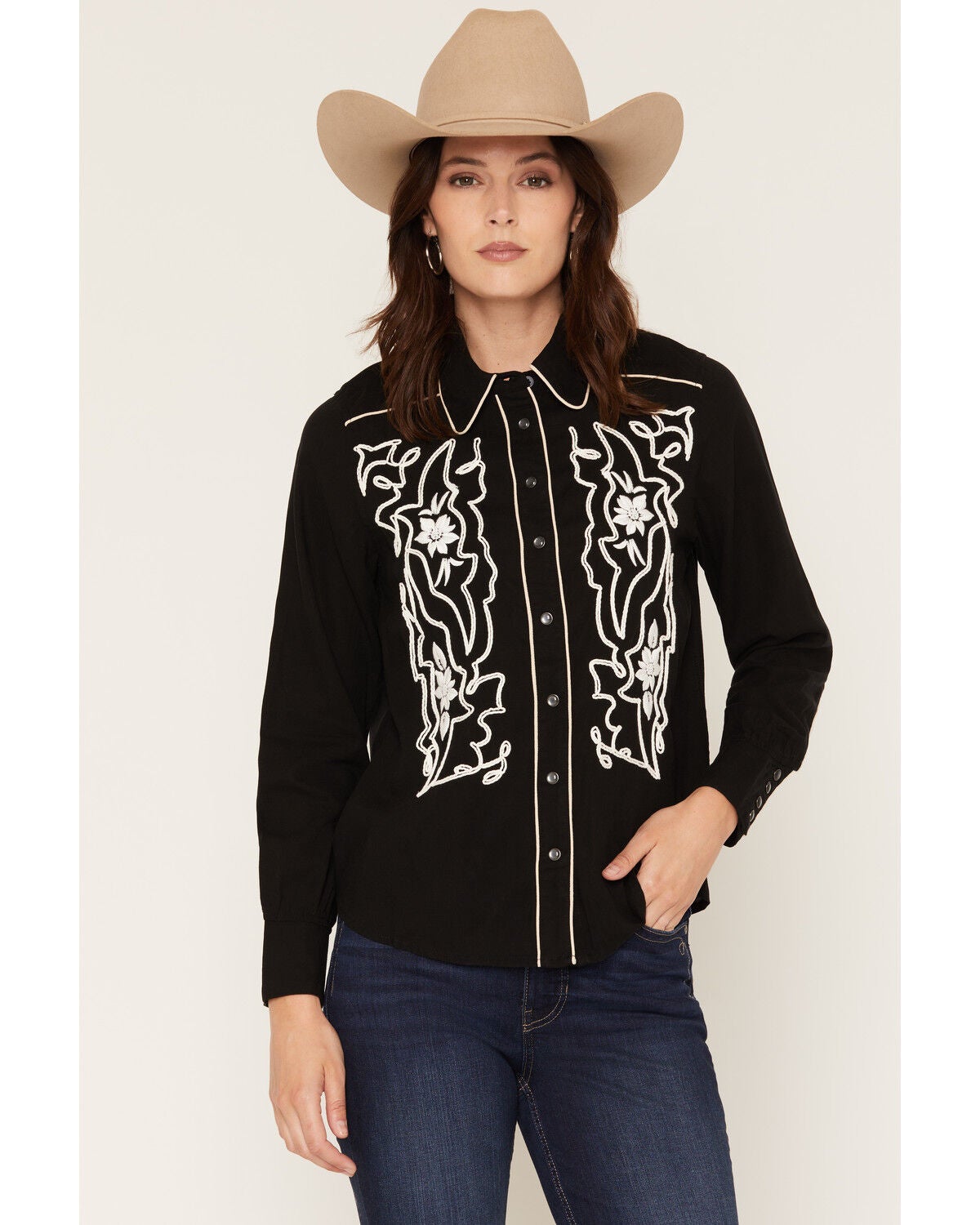 Kimes Ranch Women's Stevie Floral Embroidered Long Sleeve Pearl Snap Western Shirt, Black, hi-res