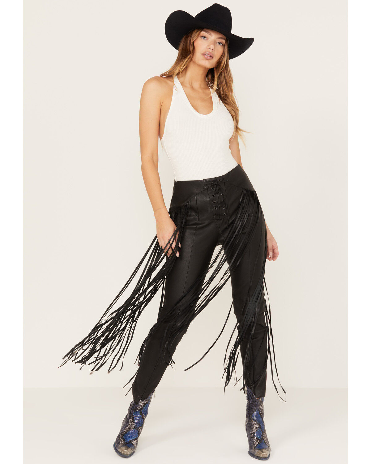 Image #2 - Wonderwest Women's Leather Fringe Pants, Black, hi-res