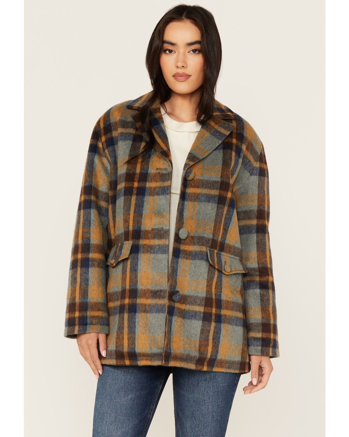 Cleo + Wolf Women's Oversized Plaid Print Peacoat, Steel Blue, hi-res