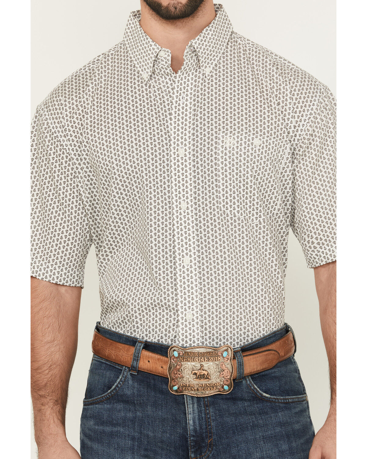 Image #3 - Wrangler Men's Geo Print Short Sleeve Button-Down Stretch Western Shirt, White, hi-res