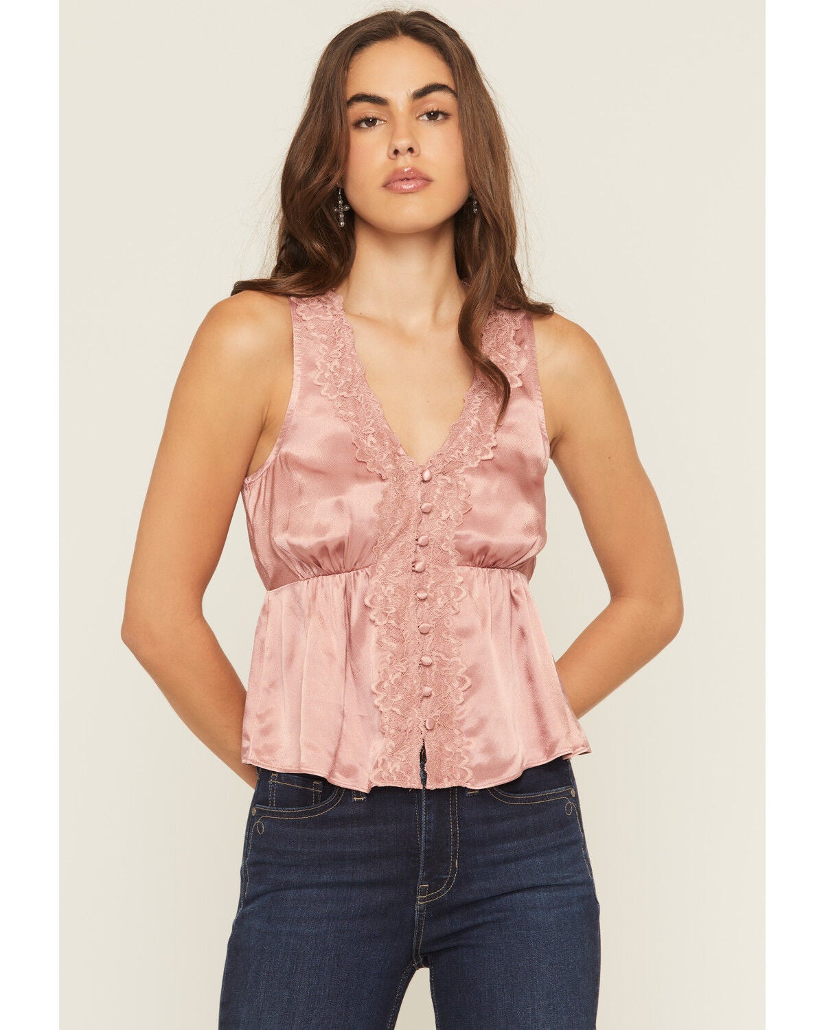 Shyanne Women's Satin Lace Trim Sleeveless Button-Down Tank Top, Mauve, hi-res