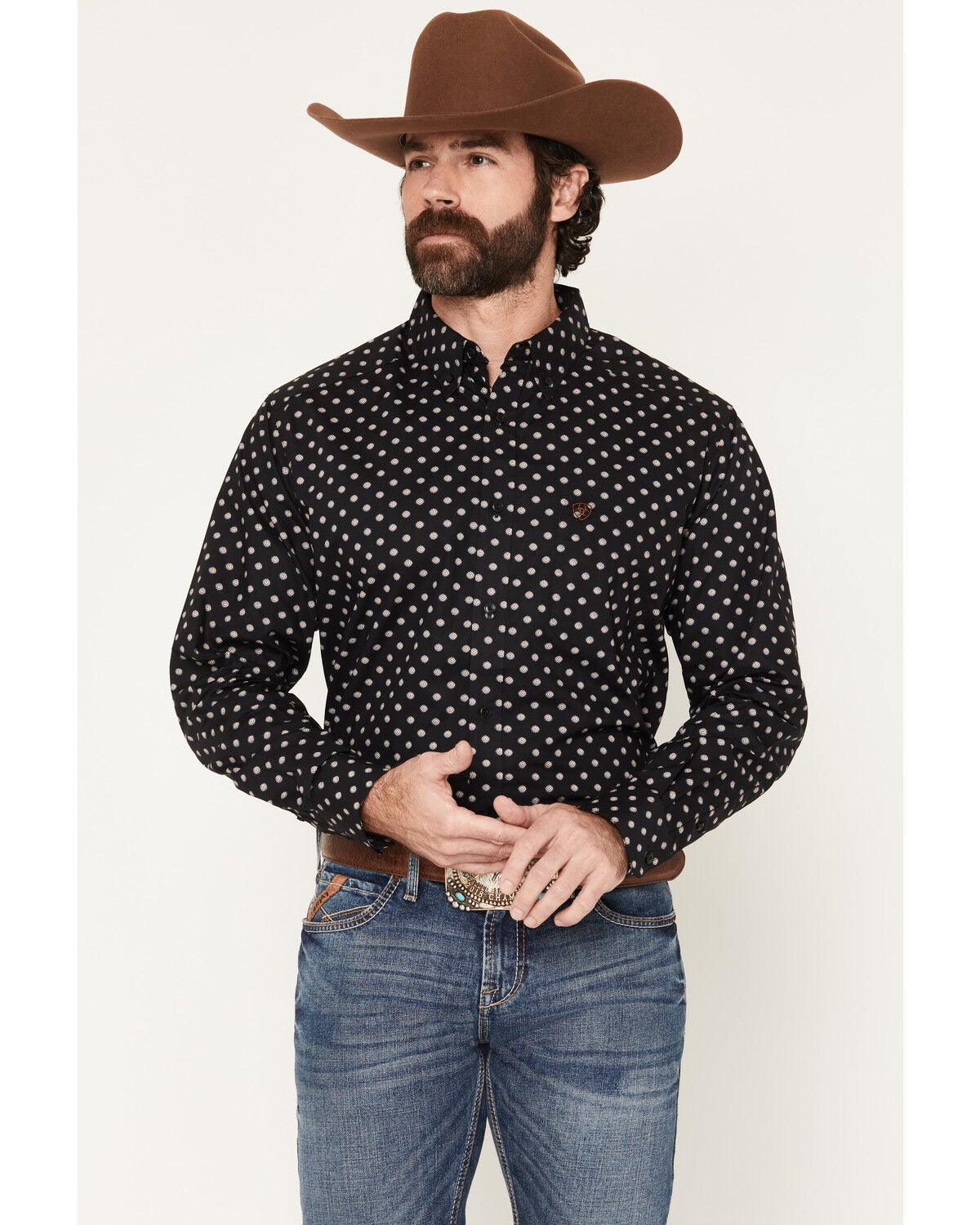 Ariat Men's Larsen Geo Print Long Sleeve Button-Down Western Shirt, Black, hi-res