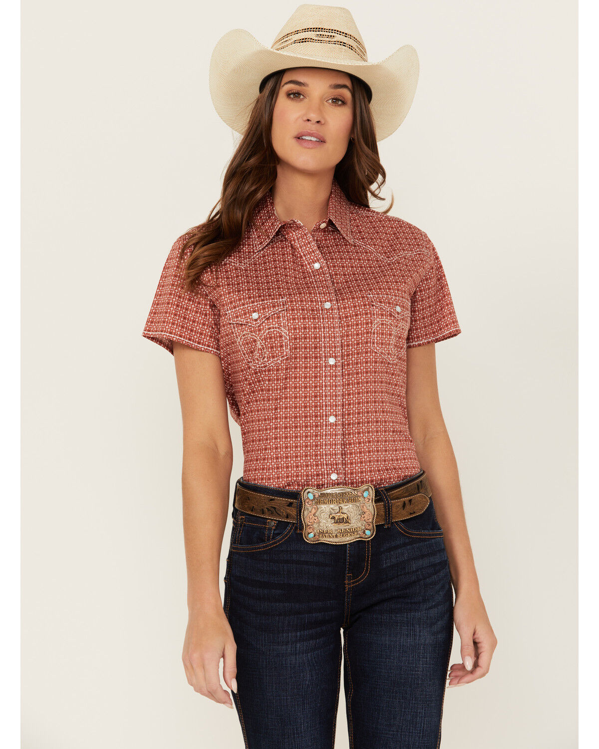 Image #1 - Rough Stock by Panhandle Women's Micro Geo Print Short Sleeve Pearl Snap Stretch Western Shirt, Rust Copper, hi-res
