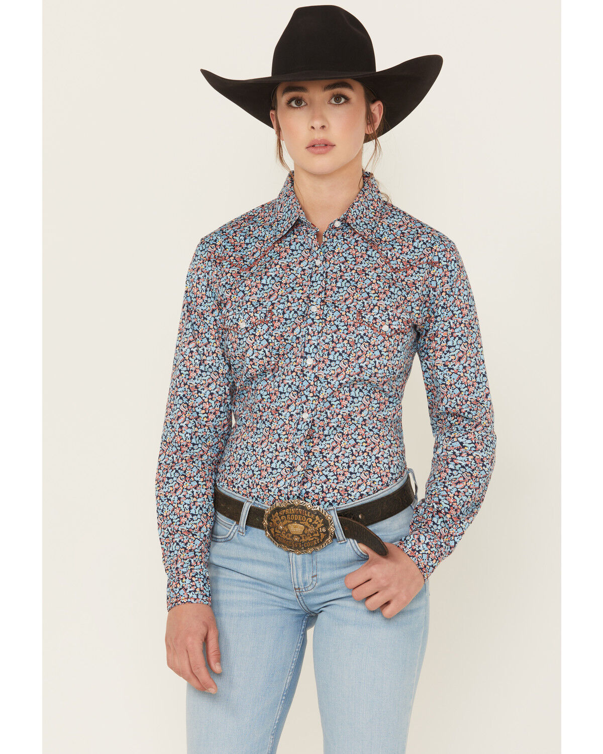 Image #1 - Panhandle Women's Printed Long Sleeve Pearl Snap Stretch Western Shirt, Navy, hi-res