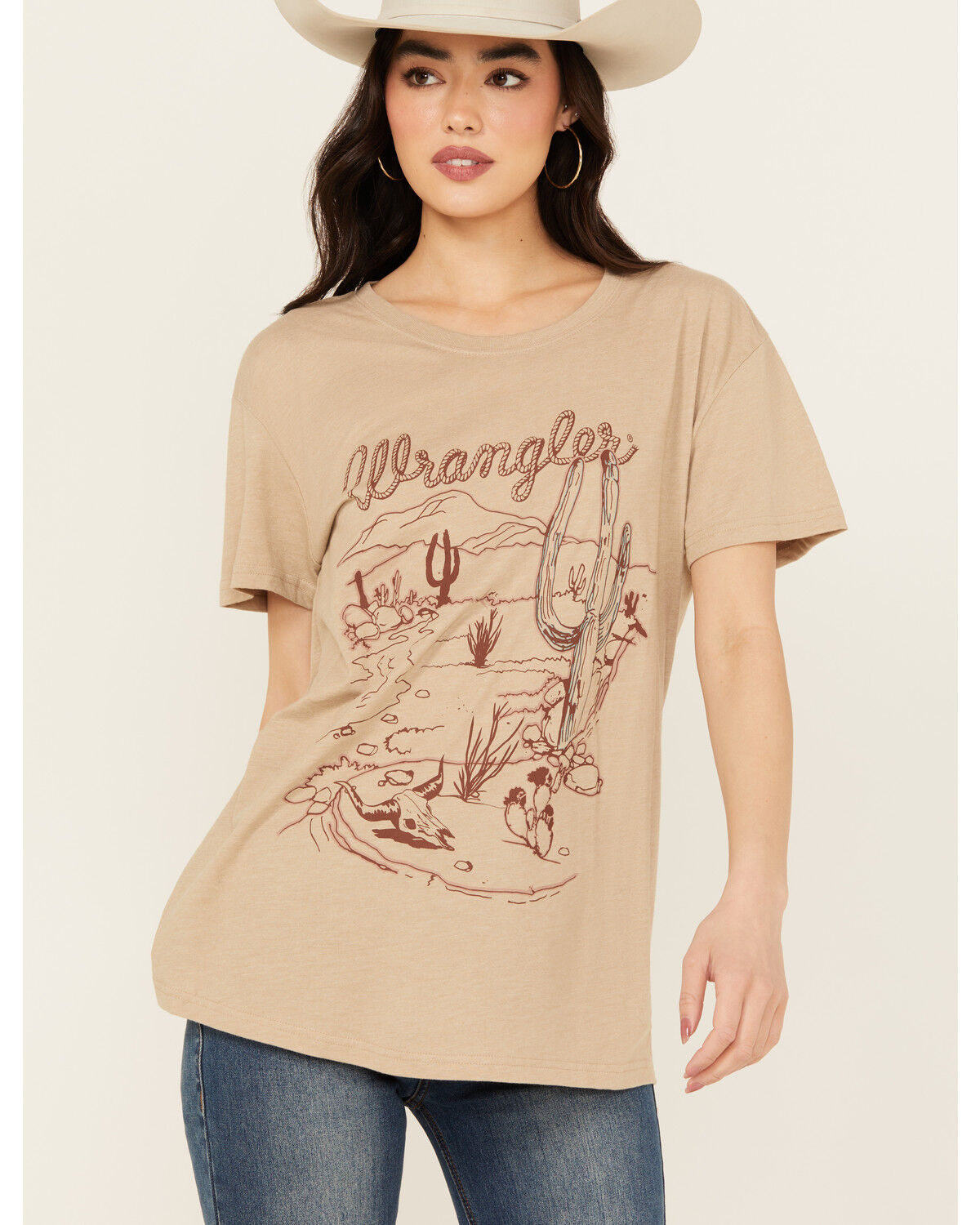 Image #1 - Wrangler Women's Cactus Scene Short Sleeve Graphic Tee, Tan, hi-res