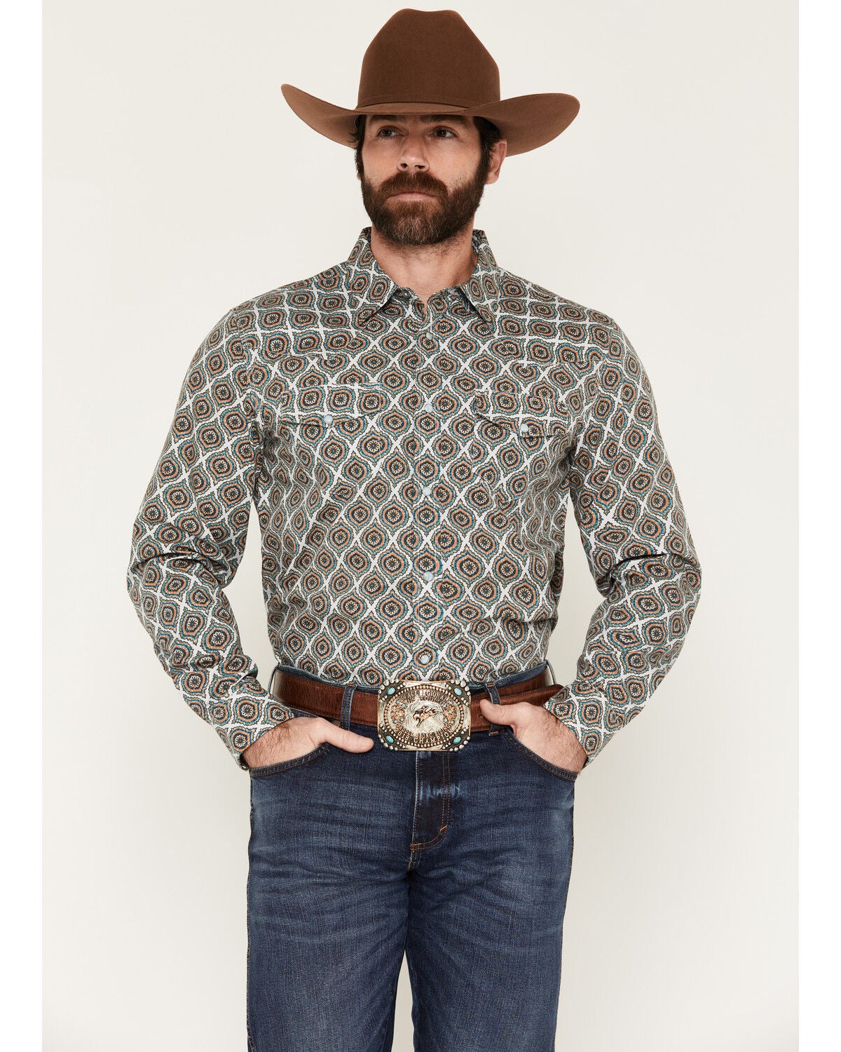 Image #1 - Gibson Trading Co Men's Vintage Medallion Print Long Sleeve Snap Western Shirt, Blue, hi-res