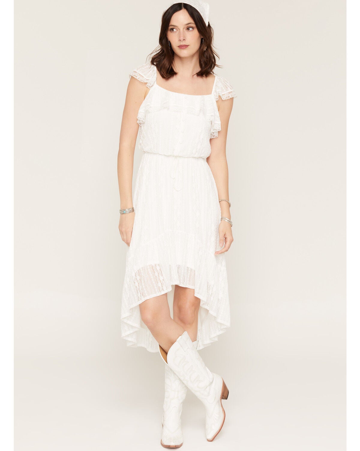 Shyanne Women's Lace Flutter Sleeve High-Low Midi Dress, White, hi-res