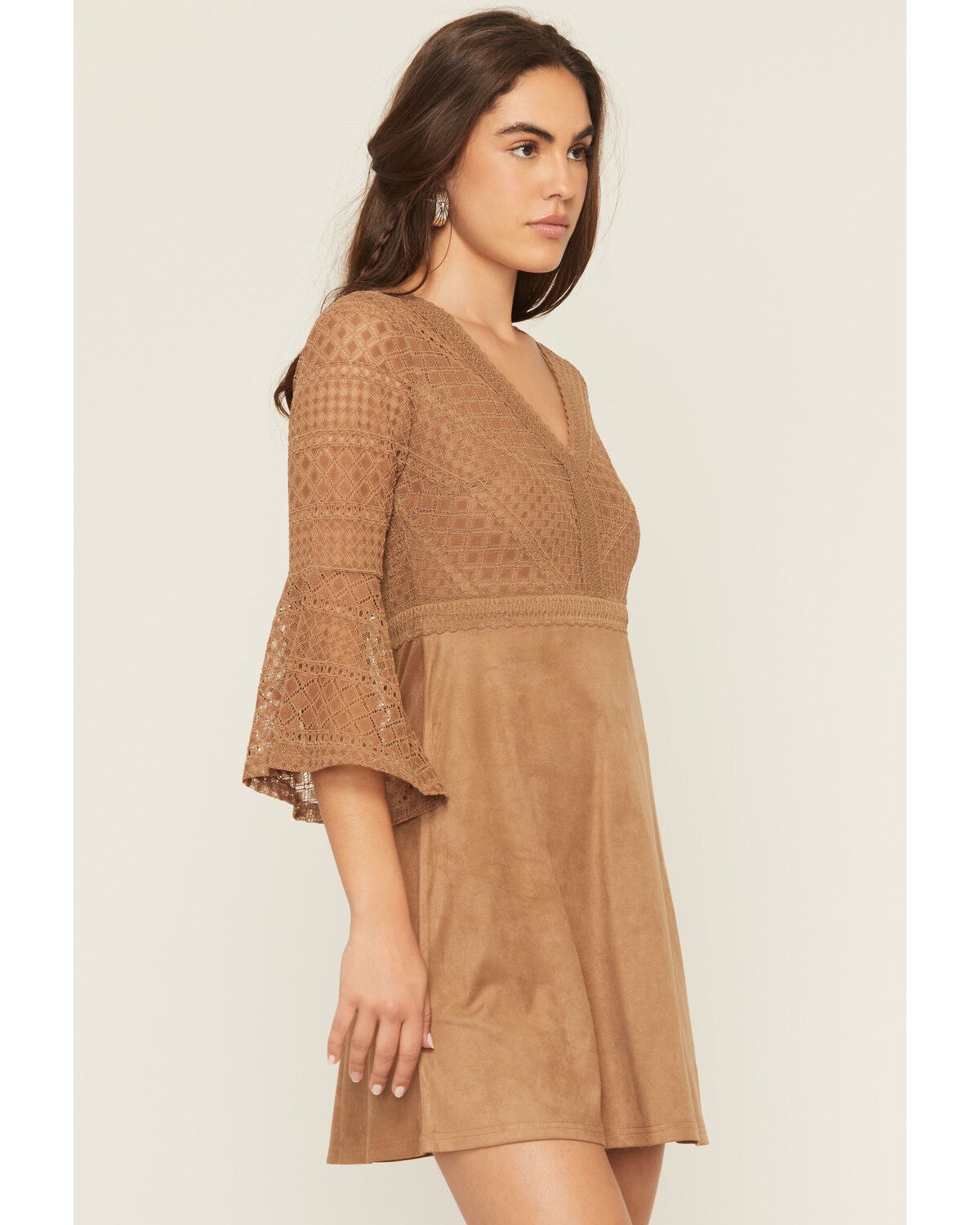 Image #2 - Shyanne Women's Faux Suede Lace Bell Sleeve Mini Dress, Coffee, hi-res