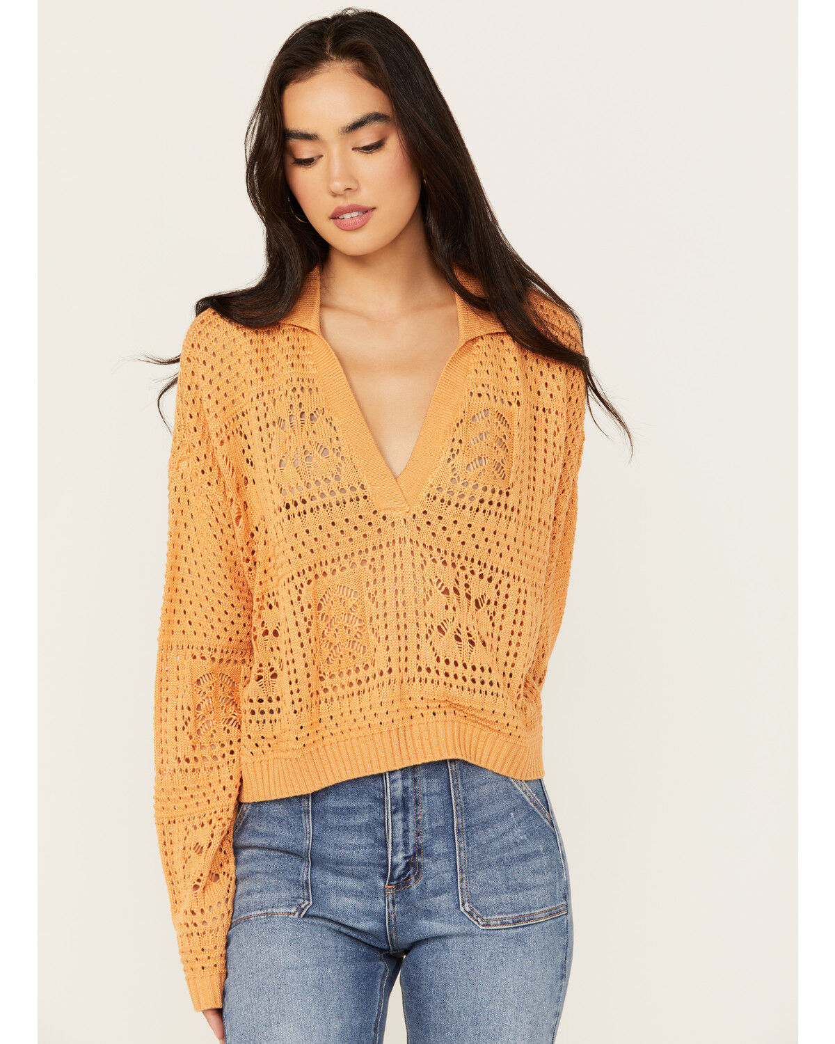 Image #1 - Revel Women's Open Weave Sweater, Orange, hi-res