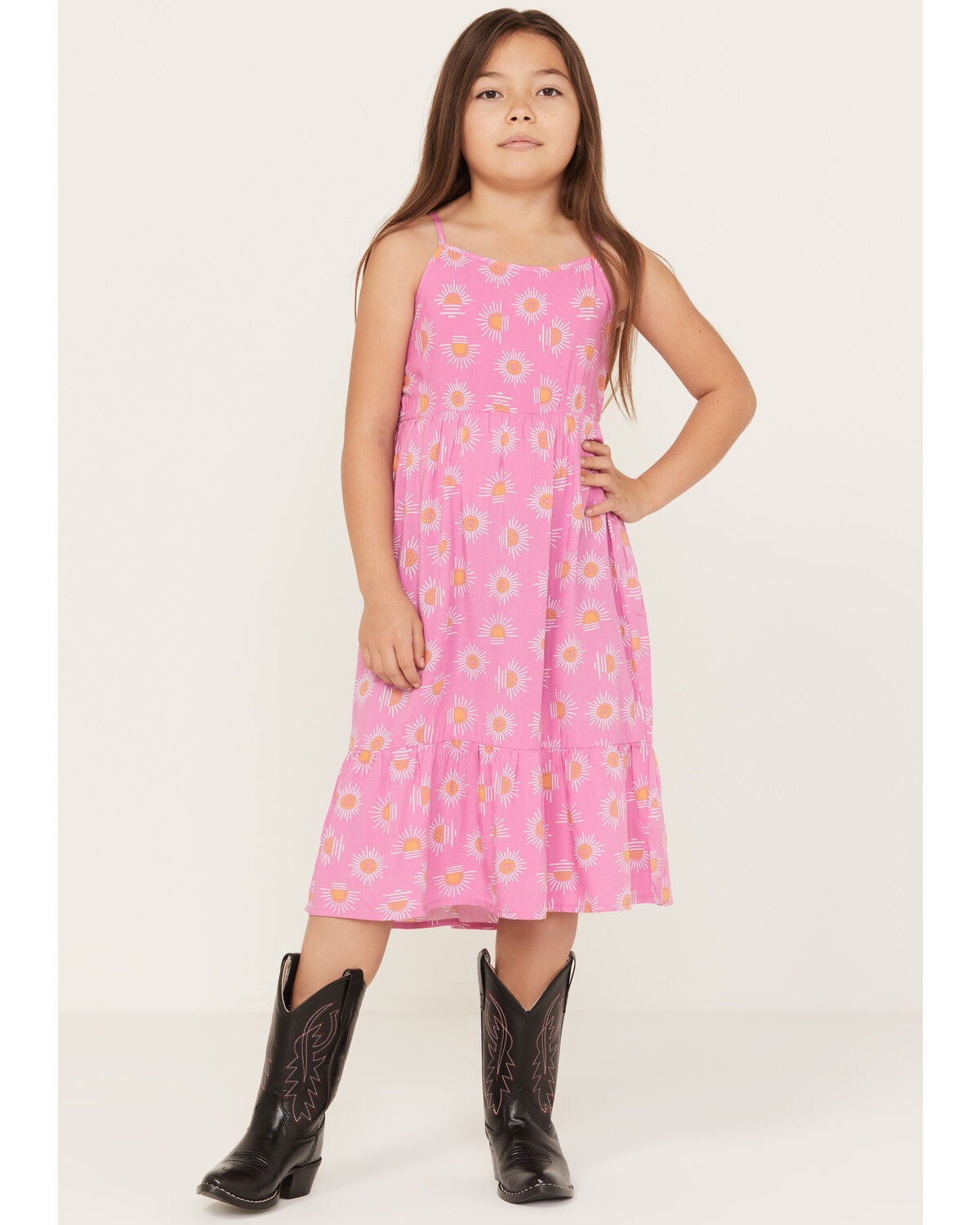 Wrangler Girls' Sunburst Print Sleeveless Midi Dress, Pink, hi-res