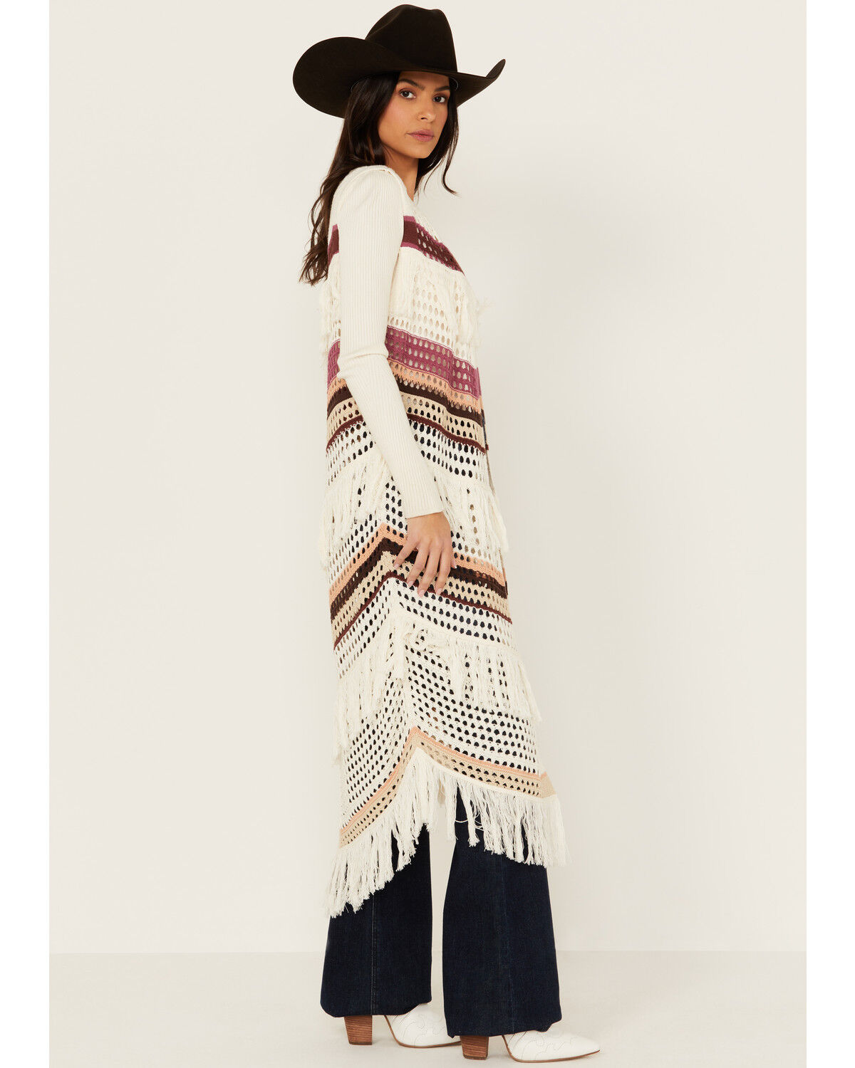 Image #3 - Shyanne Women's Long Striped Crochet Fringe Sweater Vest, Cream, hi-res