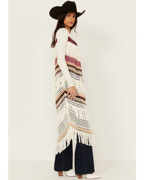Image #3 - Shyanne Women's Long Striped Crochet Fringe Sweater Vest , Cream, hi-res
