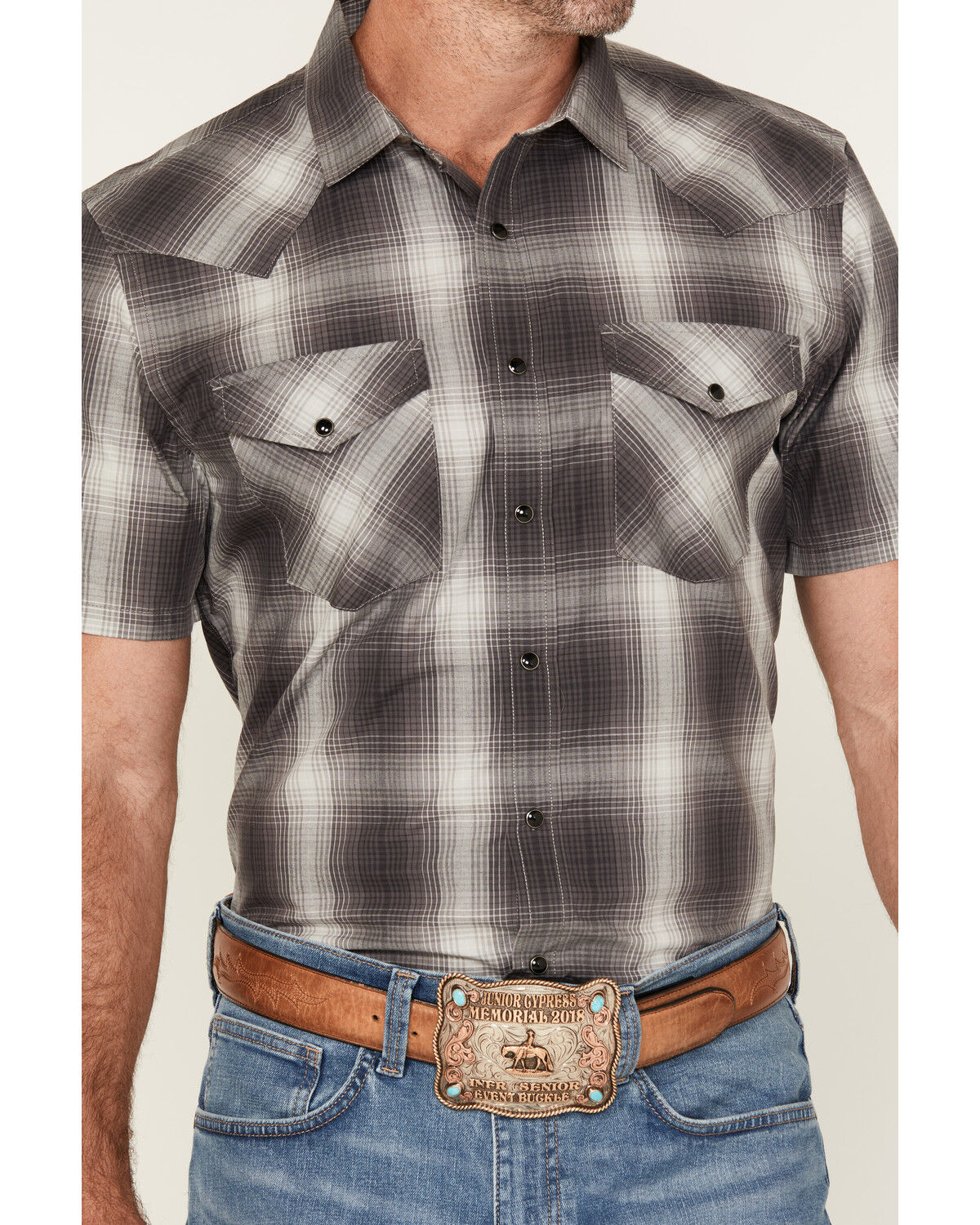 Image #3 - Pendleton Men's Boot Barn Exclusive Frontier Plaid Print Short Sleeve Snap Western Shirt, Grey, hi-res