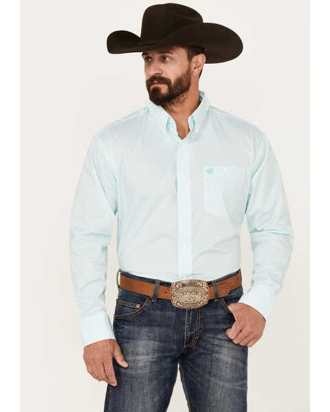 Wrangler Men's Classic Geo Print Long Sleeve Button-Down Western Shirt, Teal, hi-res