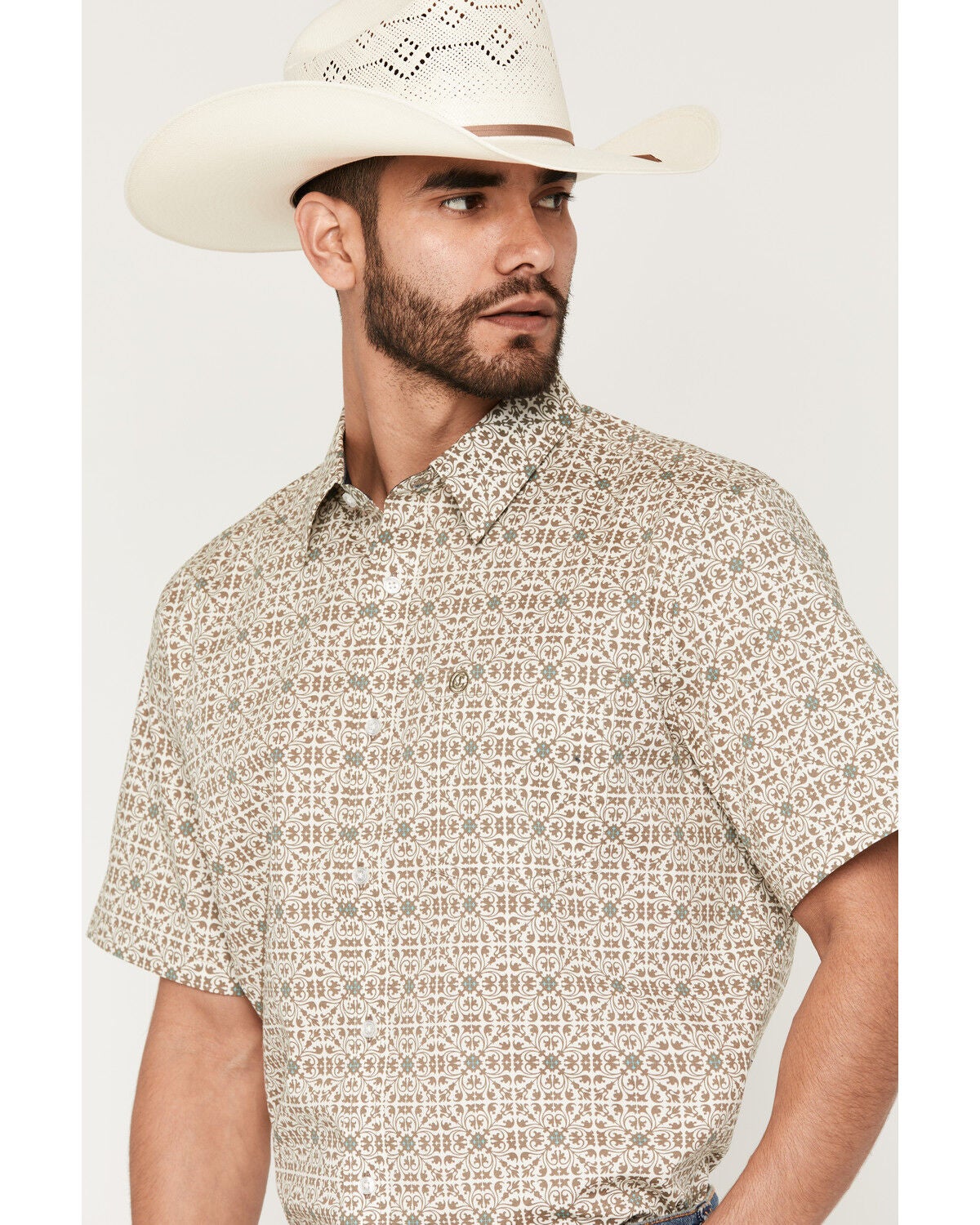 Image #2 - Cody James Men's Mind Trap Geo Print Short Sleeve Button-Down Stretch Western Shirt, Cream, hi-res