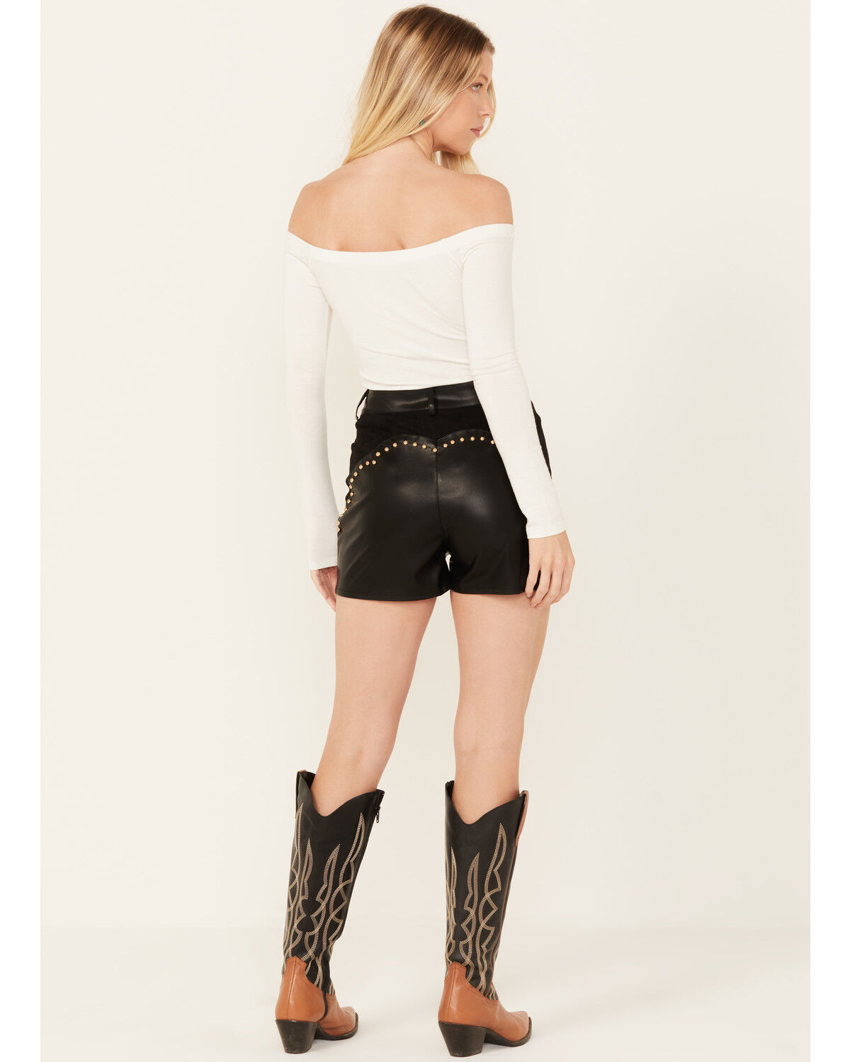 Image #3 - Blue B Women's High Rise Faux Leather Studded Shorts, Black, hi-res