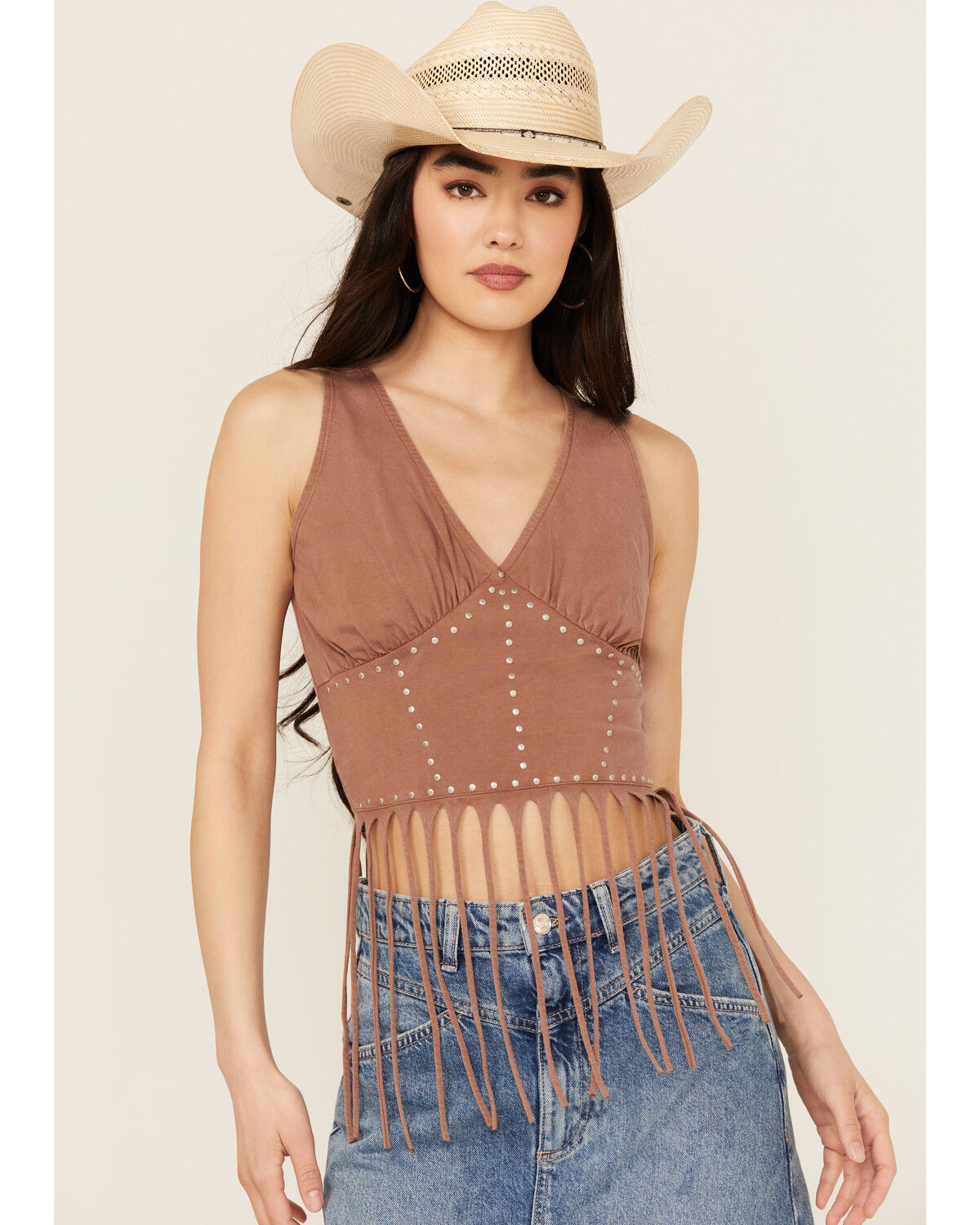 Image #1 - Rock & Roll Denim Women's Studded Fringe Tank, Brown, hi-res