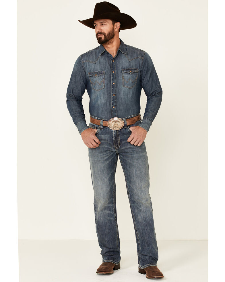 Rock & Roll Denim Men's Double Barrel Medium Vintage Wash Stretch Relaxed Straight Jeans , Blue, hi-res