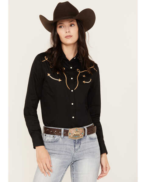 Image #1 - Panhandle Women's Retro Graphic Long Sleeve Western Pearl Snap Shirt, Black, hi-res