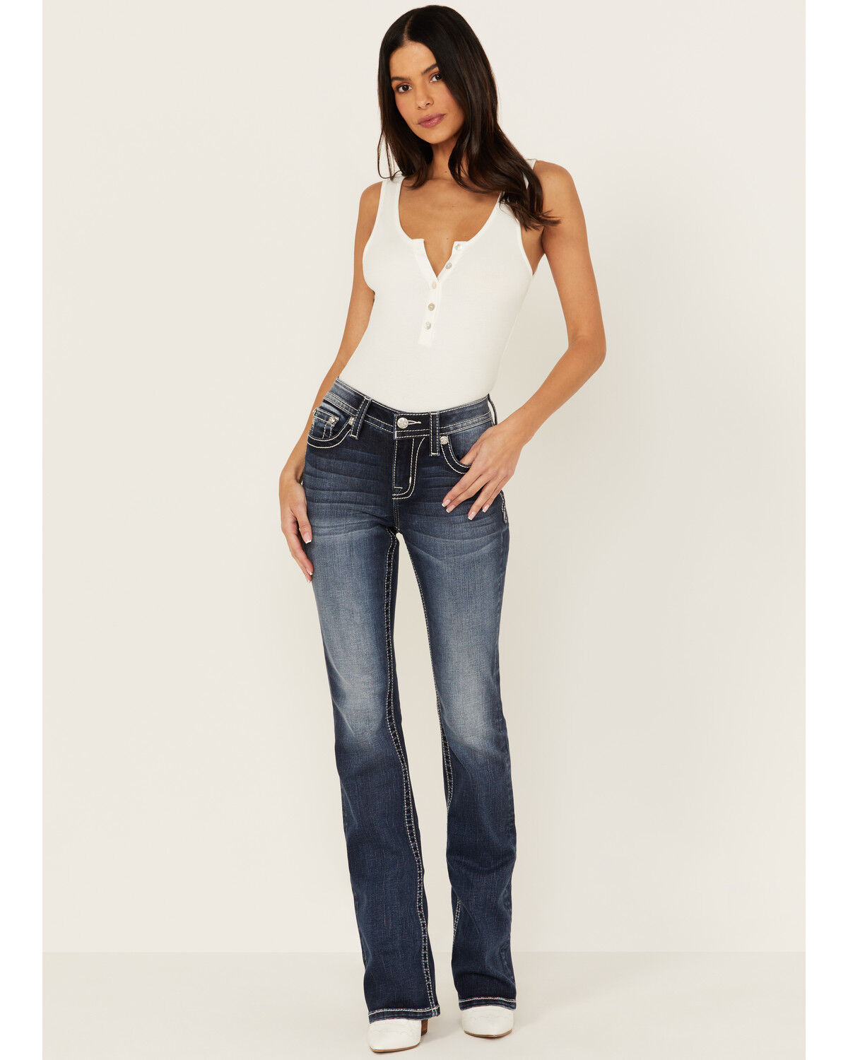 Image #3 - Miss Me Women's Dark Wash Mid Rise Floral Longhorn Pocket Bootcut Stretch Denim Jeans, , hi-res