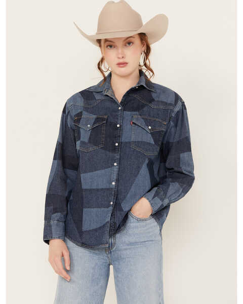 Image #1 - Levi's Women's Dylan Oversized Western Patchwork Print Long Sleeve Pearl Snap Shirt, Blue, hi-res