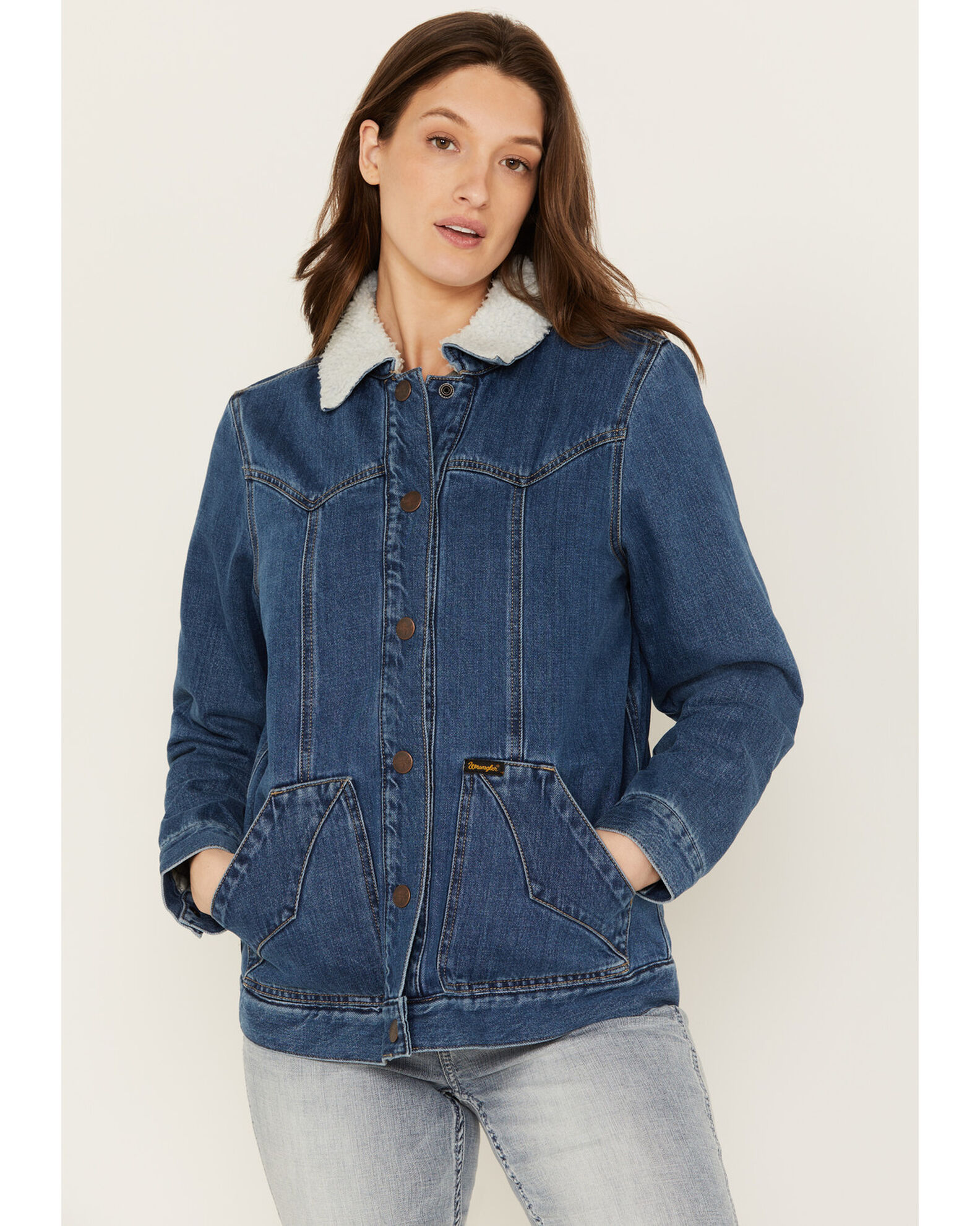 Wrangler Women s Medium Wash Denim Sherpa Lined Barn Coat Sheplers