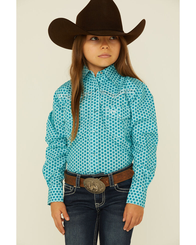 Cowboy Hardware Girls' Six Star Print Western Long Sleeve Shirt, Turquoise, hi-res